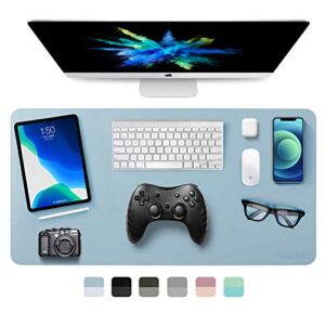 dual-sided desk pad office desk mat, eminta ultra thin waterproof pu leather mouse pad desk blotter protector, desk writing mat for office/home (light blue/silver, 31.5″ x 15.7″)