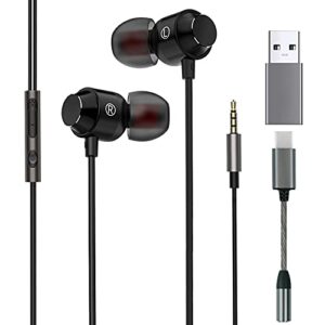 oconee wired headphones in-ear wired earbuds with microphone for pc laptops or smartphones, 3 in 1 earphones with type c, type a and 3.5mm aux for home office, online meeting