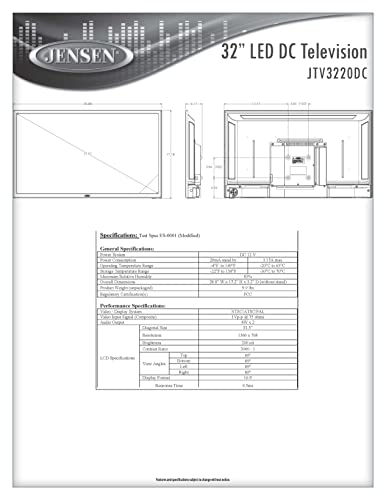 Jensen JTV3220DC 32" Inch Full HD 1366 x 768 LED Television with Integrated HDTV ATSC Tuner HD Ready 1080p, 720p, 480p, 2x HDMI Inputs, JCOM & CEC Function, VESA 100mm x 100mm Mounting Pattern, 12V DC