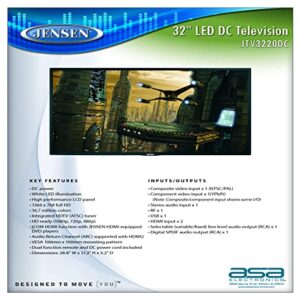 Jensen JTV3220DC 32" Inch Full HD 1366 x 768 LED Television with Integrated HDTV ATSC Tuner HD Ready 1080p, 720p, 480p, 2x HDMI Inputs, JCOM & CEC Function, VESA 100mm x 100mm Mounting Pattern, 12V DC