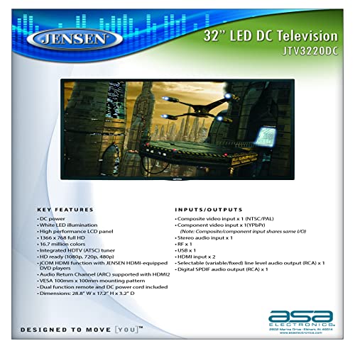 Jensen JTV3220DC 32" Inch Full HD 1366 x 768 LED Television with Integrated HDTV ATSC Tuner HD Ready 1080p, 720p, 480p, 2x HDMI Inputs, JCOM & CEC Function, VESA 100mm x 100mm Mounting Pattern, 12V DC