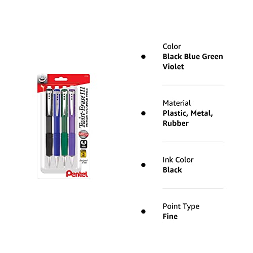 Pentel Twist Erase III Premium Mechanical Pencil 0.5mm 4 pack Assorted Barrels (1 each Black, Blue, Green, Violet)