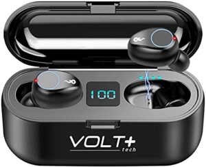 volt plus tech wireless v5.0 bluetooth earbuds compatible with amazon fire stick led display, mic 8d bass ipx7 waterproof/sweatproof (black)