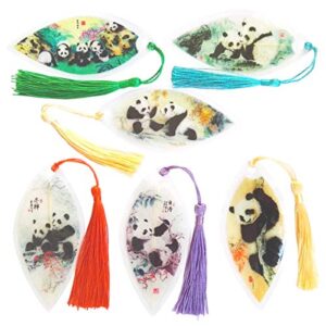 6 pieces handmade leaf vein bookmarks with tassels chinese paintings panda best gift for your friends kids student souvenirs business gift christmas gift birthday gift