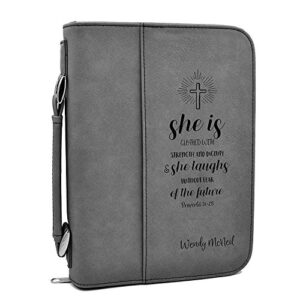 custom bible cover – proverbs 31:25 – gray bible case with black engraving