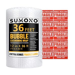 bubble cushioning wrap roll, sumono 12 inch x 36 feet total bubble roll perforated 12 inch included 10 fragile sticker label