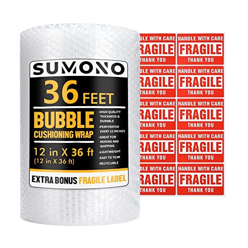 Bubble Cushioning Wrap Roll, Sumono 12 Inch x 36 Feet Total Bubble Roll Perforated 12 Inch Included 10 Fragile Sticker Label