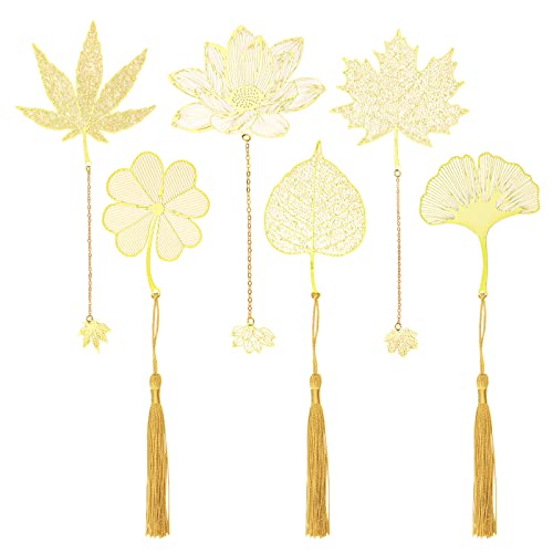 Golden Hollow Bookmark, 6pcs Metal Leaf Bookmarks with Chain or Tassels for Book Lovers, Teachers, Students, Writers, Readers, Children, Adults, Men, Women