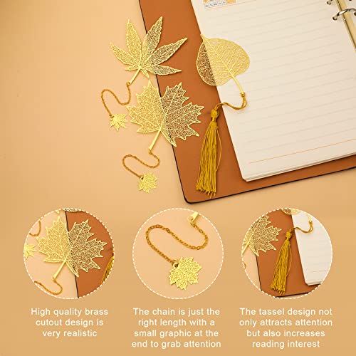 Golden Hollow Bookmark, 6pcs Metal Leaf Bookmarks with Chain or Tassels for Book Lovers, Teachers, Students, Writers, Readers, Children, Adults, Men, Women