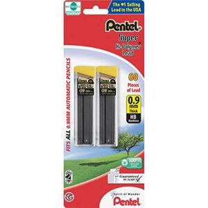 pentel super hi-polymer lead refill , 0.9 mm thick, hb, 60 pieces of lead (c29bphb2) , gray