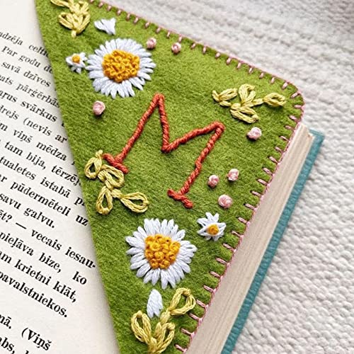 MUDUH Hand Embroidered Corner Seasonal Bookmark, 1PC Creative Bookmark Decorations Cute First Letter Bookmarks for Book Lovers