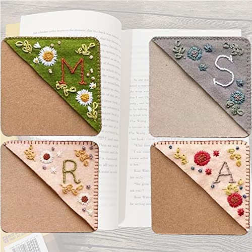 Personalized Hand Embroidered Corner Bookmark，Hand Stitched Felt Corner Bookmark,Cute Flower Letter Embroidery Bookmarks for Book Reading Lovers Meaningful Gift（4 PCS）