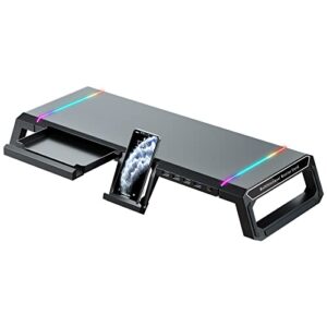 kyolly rgb gaming computer monitor stand riser – 1 usb 3.0 and 3 usb 2.0 hub, 3 length adjustable computer monitor stand with drawer,storage and phone holder