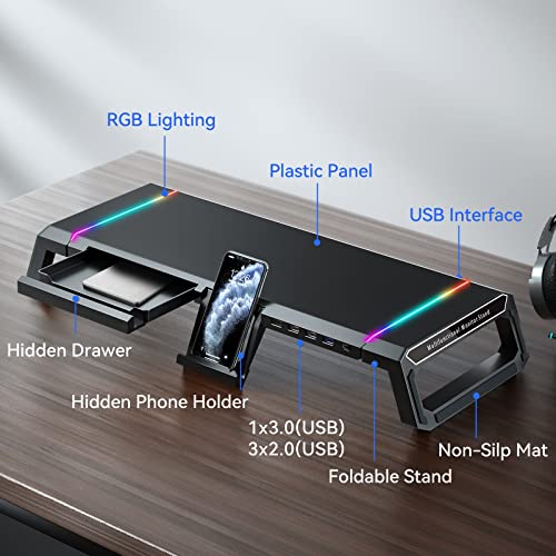 KYOLLY RGB Gaming Computer Monitor Stand Riser - 1 USB 3.0 and 3 USB 2.0 Hub, 3 Length Adjustable Computer Monitor Stand with Drawer,Storage and Phone Holder