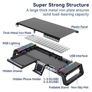 KYOLLY RGB Gaming Computer Monitor Stand Riser - 1 USB 3.0 and 3 USB 2.0 Hub, 3 Length Adjustable Computer Monitor Stand with Drawer,Storage and Phone Holder