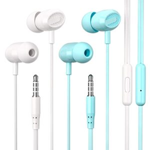 eloven 3.5mm wired headphones hifi stereo sound wired earbuds noise cancelling in-ear headset with bulit-in mic volume control sports earphones for iphone samsung ipad (2 pack white & blue)