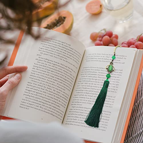 Metal Bookmark with Tassel, Personalized Bookmark with Chalcedony Beads, Antique Copper Book Marks for Book Lovers, Classical Pretty Bookmark for Women Men Student (Green)