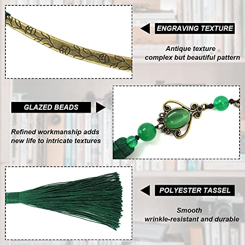 Metal Bookmark with Tassel, Personalized Bookmark with Chalcedony Beads, Antique Copper Book Marks for Book Lovers, Classical Pretty Bookmark for Women Men Student (Green)