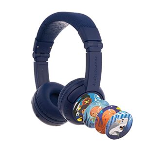 onanoff buddyphones play+, wireless bluetooth volume-limiting kids headphones, 20-hours battery life, 3 volume settings, voice enhancing studymode, answer/playback button, buddylink cable, deep blue