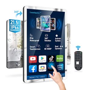 leotachi 21.5 inch touch screen mirror ip66 waterproof tv for bathroom shower – support 360° rotation, 500 nits high brightness full hd 1080p built-in android os wifi/lan/usb/bt/hdmi(black)