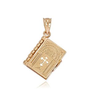 10k yellow gold 5/8″ 3d hinged book with pages holy bible with lord’s prayer bottonee cross pendant charm