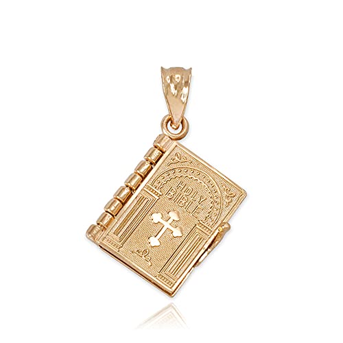 10K Yellow Gold 5/8" 3D Hinged Book with Pages Holy Bible with Lord’s Prayer Bottonee Cross Pendant Charm