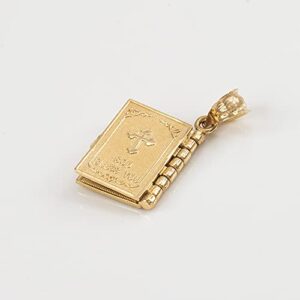 10K Yellow Gold 5/8" 3D Hinged Book with Pages Holy Bible with Lord’s Prayer Bottonee Cross Pendant Charm