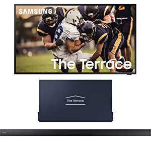 SAMSUNG QN75LST7TA The Terrace 75" Outdoor QLED 4K Smart TV with a HW-LST70T 3.0 Channel Soundbar with Dolby 5.1 Ch and a VG-SDC75G 75" Dark Gray Dust Cover for The Terrace TV (2020)