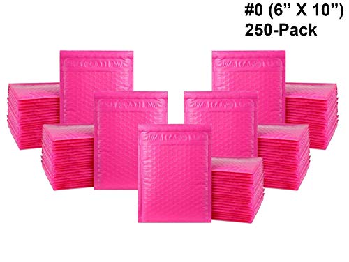 iMBAPrice 250-Pack #0 (6" x 10") Premium Hot Pink Color Self Seal Poly Bubble Mailers Padded Shipping Envelopes (Total 250 Bags)