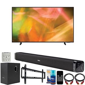 samsung un50au8000 50 inch uhd 4k crystal uhd smart led tv bundle with deco gear home theater soundbar with subwoofer, wall mount accessory kit, 6ft 4k hdmi 2.0 cables and more