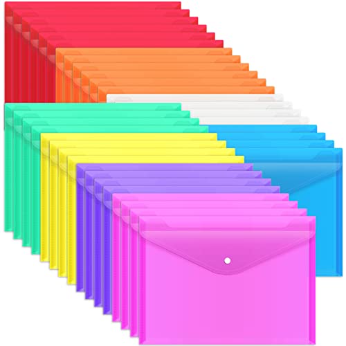 36pcs Plastic Envelopes, Clear Poly Envelopes with Snap Button Closure, Letter Size, Plastic File Folders for School Office Supplies, 8 Colors A4 Size