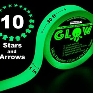 Best Glow in The Dark Tape 1 in x30 ft+10 Arrows+10 Stars -Bright, Long-Lasting Fluorescent Tape for Halloween,Outdoor, Night Decorations, Safety, Stairs, Theater