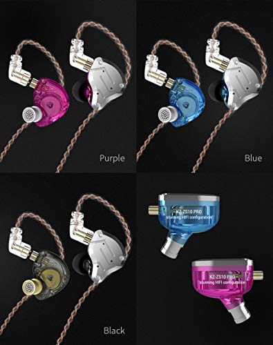 KZ ZS10 Pro Earbuds Headphone, KZ in Ear Monitor IEM HiFi Earphone with 5 Driver 4BA 1DD with Detachable 0.75mm 2 Pin Cable for Singer Musician Drummer (Purple No Mic)…