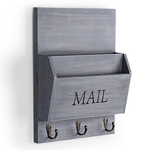 DLQuarts Mail Organizer with Key Holder for Wall Decorative Mail Sorter Wall Mounted, Wooden Mail Holder with 3 Hooks, Gray