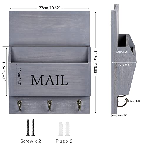 DLQuarts Mail Organizer with Key Holder for Wall Decorative Mail Sorter Wall Mounted, Wooden Mail Holder with 3 Hooks, Gray