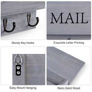 DLQuarts Mail Organizer with Key Holder for Wall Decorative Mail Sorter Wall Mounted, Wooden Mail Holder with 3 Hooks, Gray