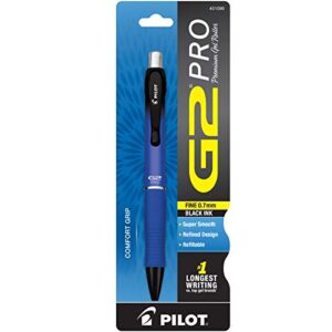 pilot g2 pro refillable and retractable rolling ball gel pen, fine point, blue barrel, black ink, single pen (31096) (barrel design may vary)