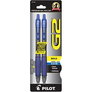 pilot g2 retractable premium gel ink roller ball pens, bold point, 2-pack, blue ink (31251)