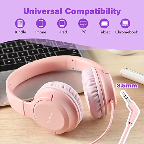 Kids Headphones Wired, Over-Ear Headphones for Kids Boys Teens Girls Adults, Volume Limiter 94dB & Adjustable Headband, Foldable Adjustable Headset for School Travel, 3.5mm Jack for iPad Tablet, Pink