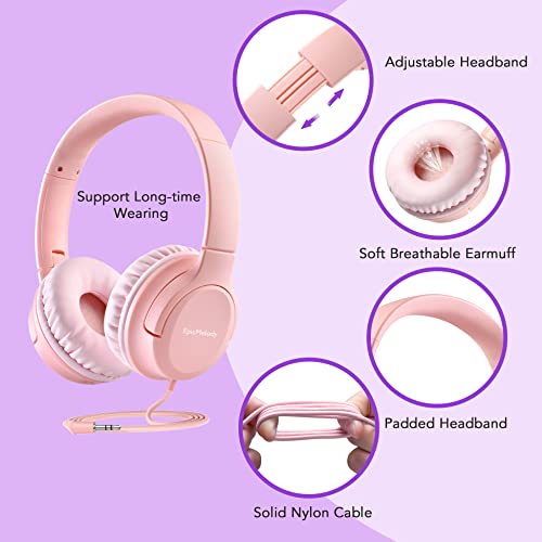 Kids Headphones Wired, Over-Ear Headphones for Kids Boys Teens Girls Adults, Volume Limiter 94dB & Adjustable Headband, Foldable Adjustable Headset for School Travel, 3.5mm Jack for iPad Tablet, Pink