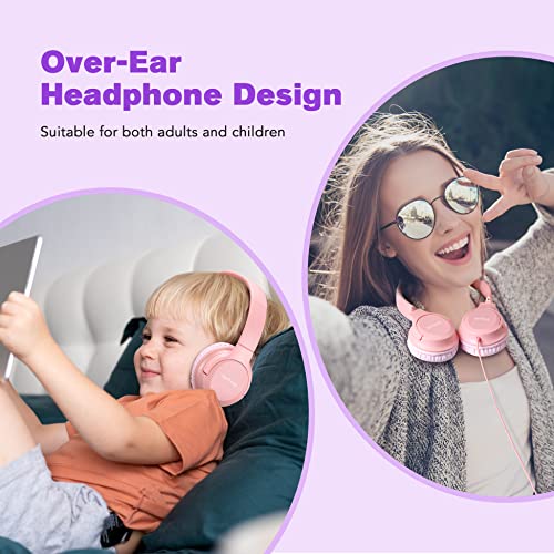 Kids Headphones Wired, Over-Ear Headphones for Kids Boys Teens Girls Adults, Volume Limiter 94dB & Adjustable Headband, Foldable Adjustable Headset for School Travel, 3.5mm Jack for iPad Tablet, Pink