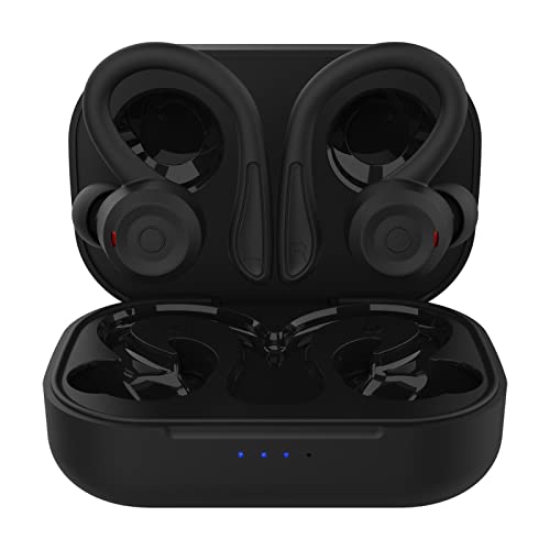 Black Wireless Earbuds with Earhooks Bluetooth Earbuds with Ear Hook Waterproof Sport Headphones Noise Cancelling Ear Buds with Microphone Long Battery Life Earphones for Running Workout Android iOS