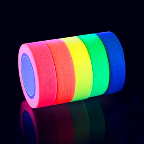 18ft Fluorescent Adhesive Tape Neon Tape - 5Pcs Glow in The Dark Gaffers Tape Color Pack 0.5 IN Wide - Gaffer Tape Multi Colored Duct Tape Multipack Blacklight Tape Art Crafts Neon Fluorescent Tape