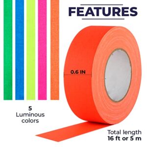 18ft Fluorescent Adhesive Tape Neon Tape - 5Pcs Glow in The Dark Gaffers Tape Color Pack 0.5 IN Wide - Gaffer Tape Multi Colored Duct Tape Multipack Blacklight Tape Art Crafts Neon Fluorescent Tape