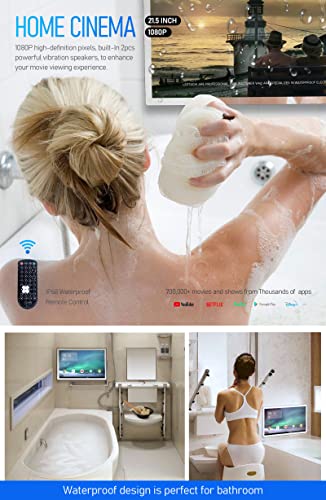 IP66 Waterproof Touch Screen Mirror TV for Bathroom Shower With Swivel Bracket For Wall Mount, Support 360° Rotation 500 nits High Brightness Full HD 1080P LED Built-in Android OS WiFi/LAN/USB/BT/HDMI