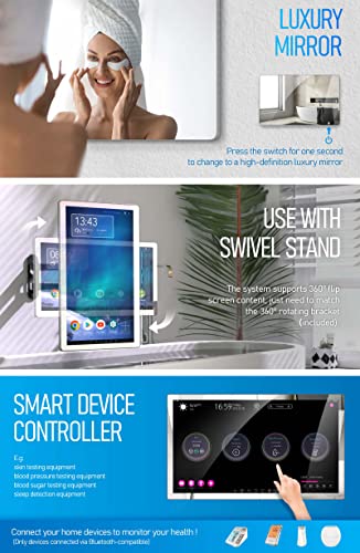 IP66 Waterproof Touch Screen Mirror TV for Bathroom Shower With Swivel Bracket For Wall Mount, Support 360° Rotation 500 nits High Brightness Full HD 1080P LED Built-in Android OS WiFi/LAN/USB/BT/HDMI