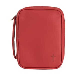 matte red stitched cross 8 x 6 fabric zippered bible cover case with handle, compact