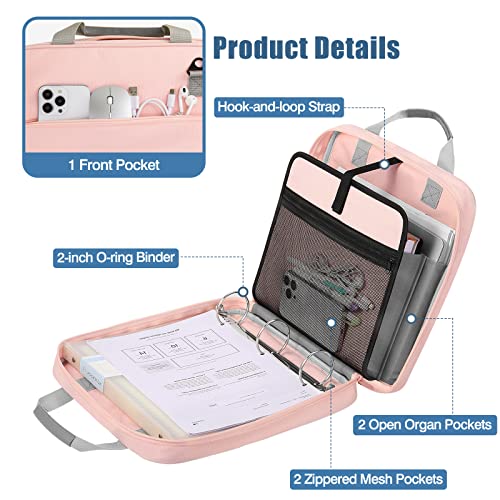 MoKo Zipper Binder, 3 Ring 2 inch Binder with Zipper,500 Sheet Capacity Multi-Pocket School Binder for Middle School, Handle and Shoulder Strap Included, Pink & Gray