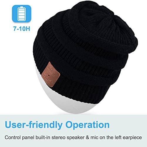 Rotibox Winter Bluetooth Beanie Hat Fashional Double Knit Skully Cap w/Wireless Stereo Headphone Speakerphone Mic for Outdoor Sports Running Skating Hiking Camping - Black