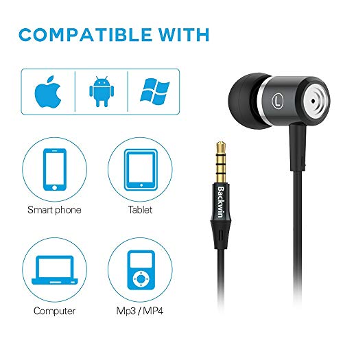 BACKWIN Wired in-Ear Headphones with Mic Volume Control Noise Cancelling Earbuds with Microphone Powerful Bass Earphones 3.5mm Jack for iOS Android Smartphones (Black)